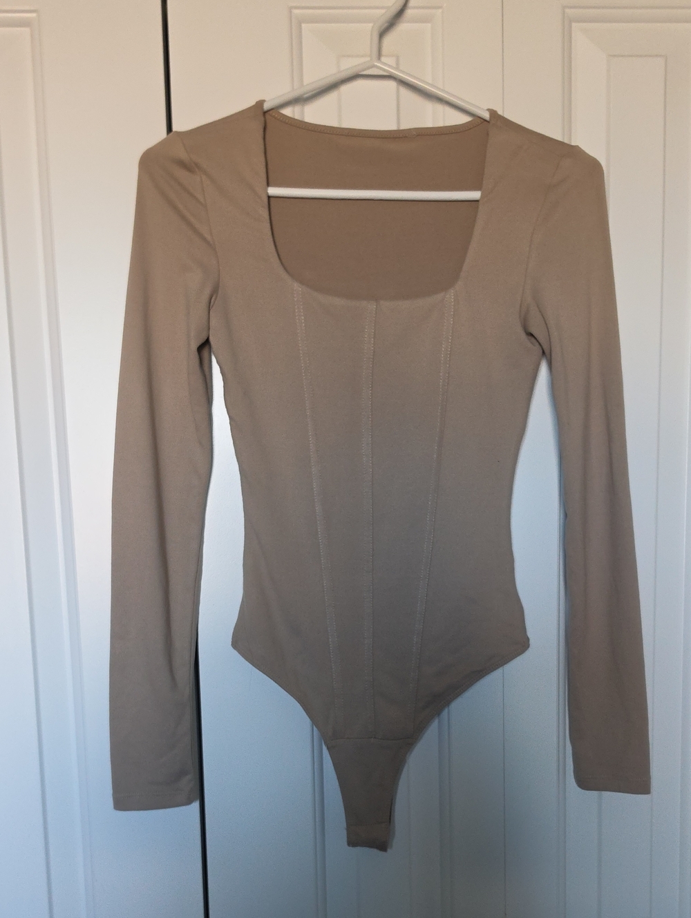 Bluenotes Long Sleeve Square Neck Bodysuit in Taupe Beige